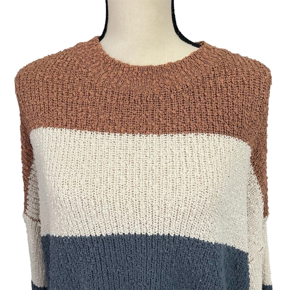 Debut NWOT Women's Brown Cream Blue Wide Stripe Cropped Sweater Sz M Cozy - Picture 2 of 4